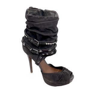 Schutz *Flawed Open Peep Toe Platform Heels Brown 10B Buckle Stud Pearl Accents